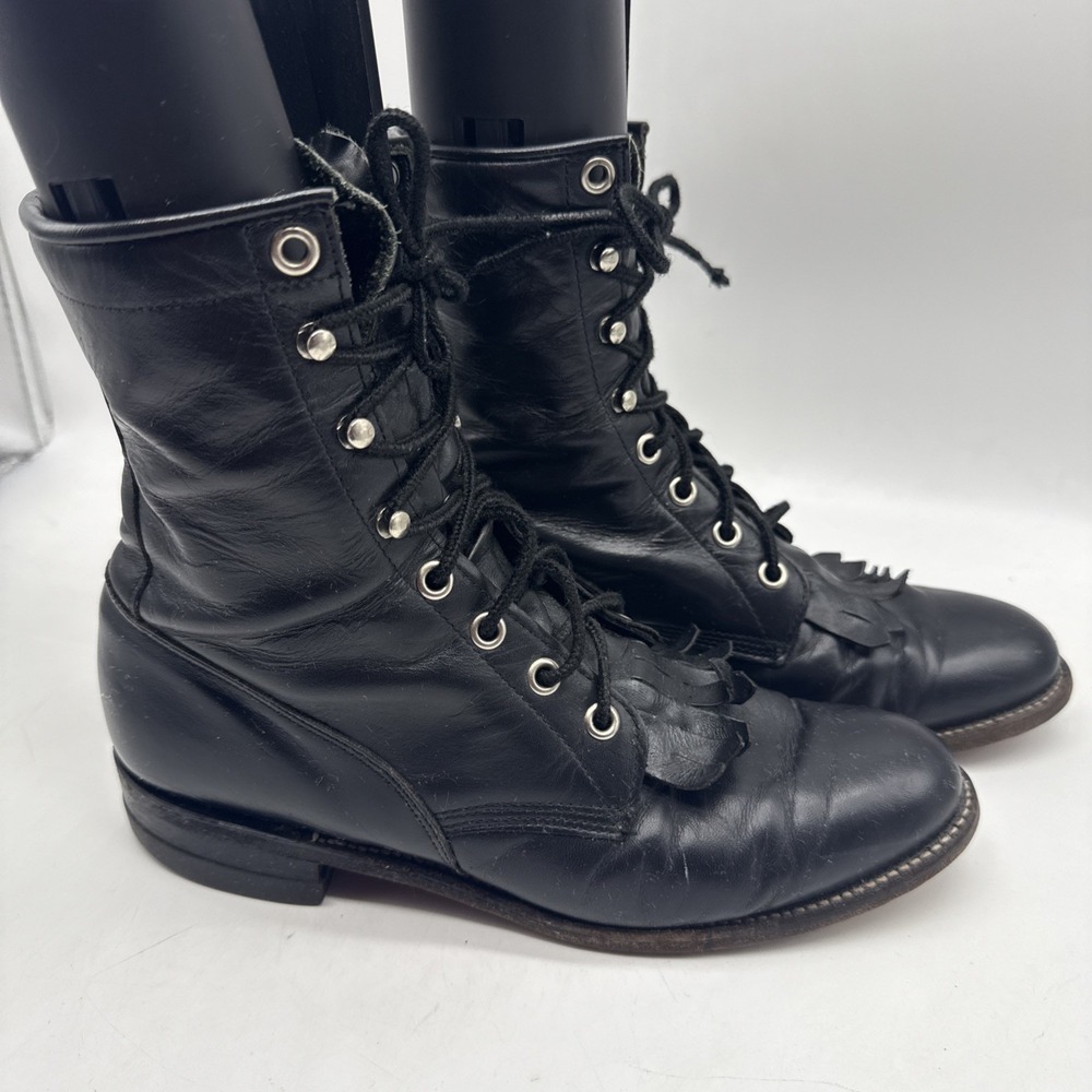 Vtg Justin Boots Womens 6.5B Black Leather Lace Up Combat Fringe Kiltie USA - Picture 4 of 15